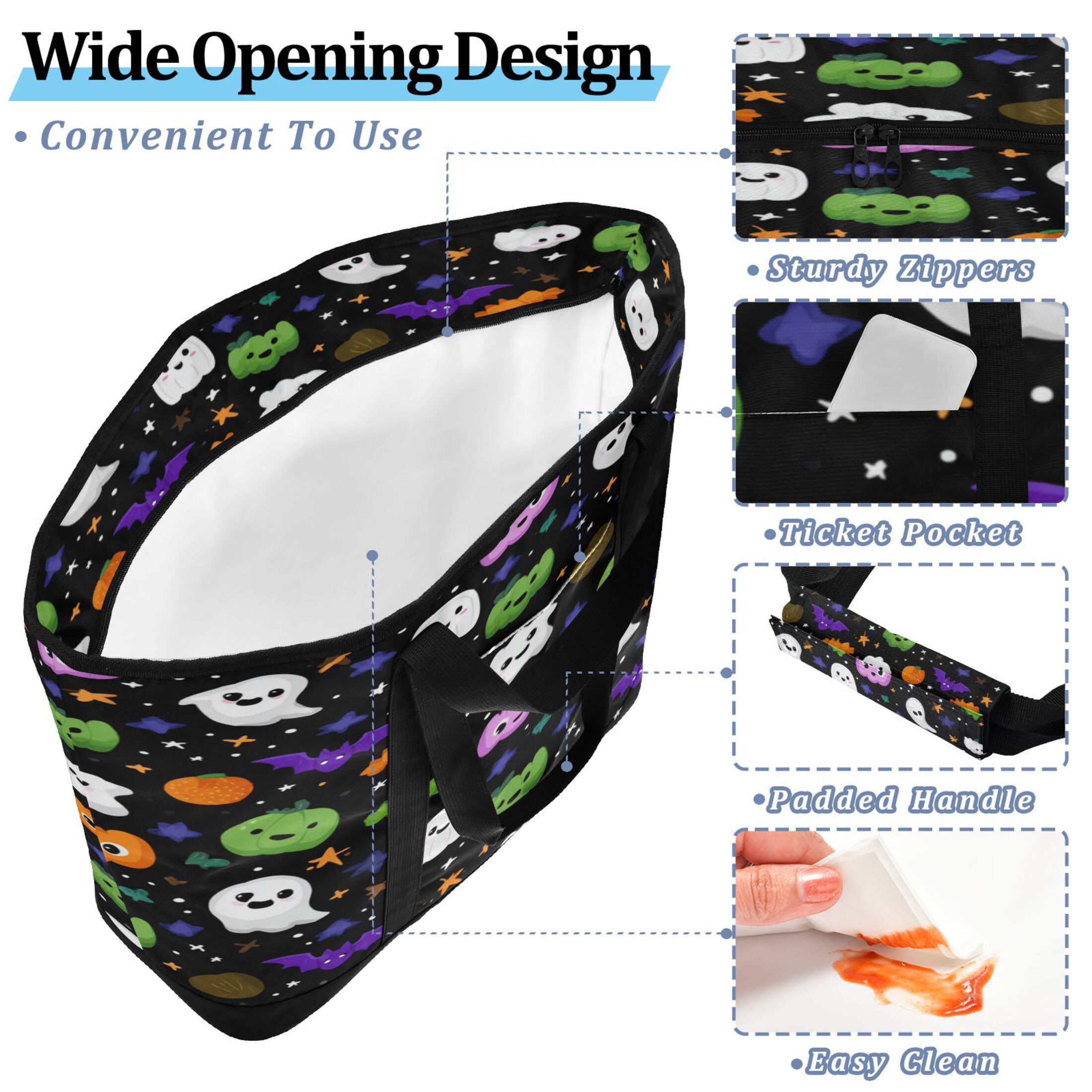 Extra-Large Wide Opening Design Capacity Hand-Held Ice Pack Thickened Insulation Layer For Long-Lasting Cold Retention For Outdoor Shopping Picnics And Camping Cartoon Ghosts Pumpkins