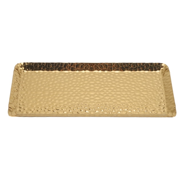 bandejas martilladas para toallas de 25x11cm, bandeja rectangular martillada de acero inoxidable dorado 25 x 11 cm, vista frontal centrada con borde elevado y textura martillada pulida y mate; apta para servir postres, toallas o frutas en hogar y restaurante, 225 g, marca zhenshenaoxiaoao. Su tamaño compacto la hace adecuada también como plato para guardar joyas o snacks.