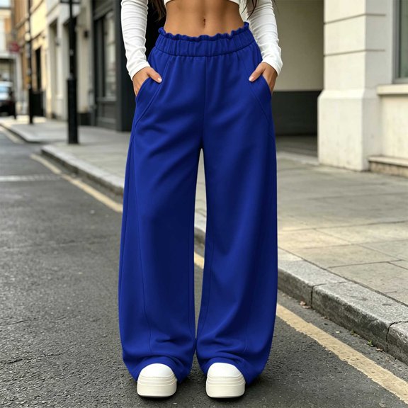 KIHOUT Womens Wide Leg Sweatpants High Waisted Casual Pants Elastic Waistband with Pockets Loose Fit Baggy Solid Color Plain Trousers for Women