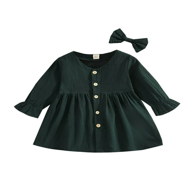 Toddler Girls 2Pcs Fall Outfits Cute Long Sleeve V Neck Button Down Dress with Hair Bow Set