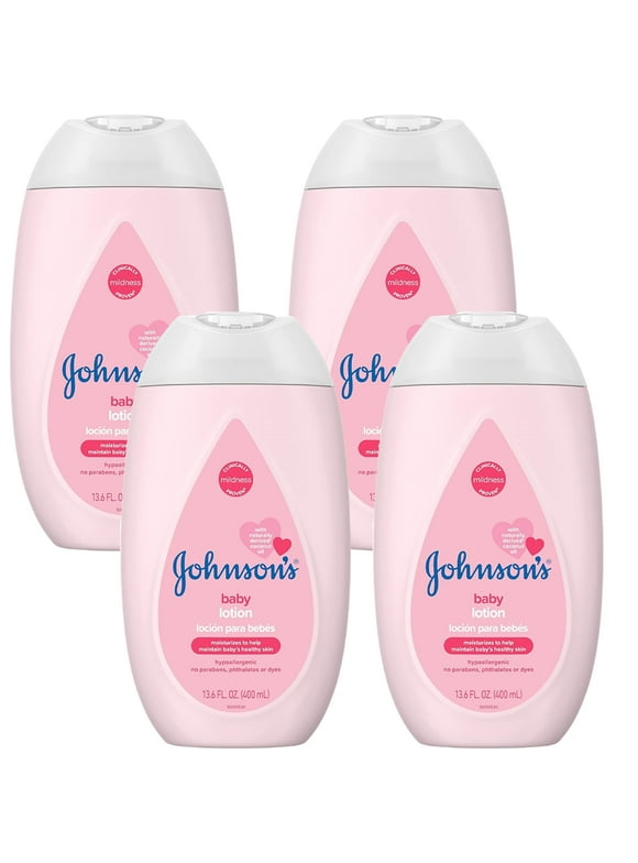 (4 Pack) Johnsons Baby Moisturizing Mild Pink Baby Lotion with Coconut Oil for Delicate Baby Skin, Paraben-, Phthalate- And Dye-Free, Hypoallergenic And Dermatologist-Tested, Baby Skin Care, 13.6 Fl. Oz