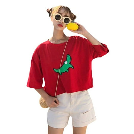 Korean Summer Female T-shirt harajuku Cartoon Animal T Shirt Women Short-Sleeved Print Plus Size O-Neck Yellow Red Shirt