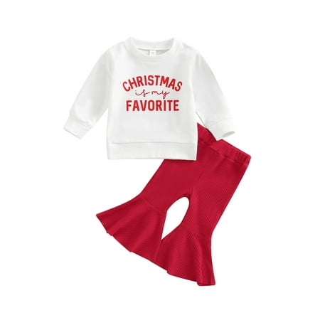 

Sunisery 2Pcs Toddler Baby Girls Christmas Clothes Sets Long Sleeve Letters Print T-shirt + Elastic Waist Flare Pants