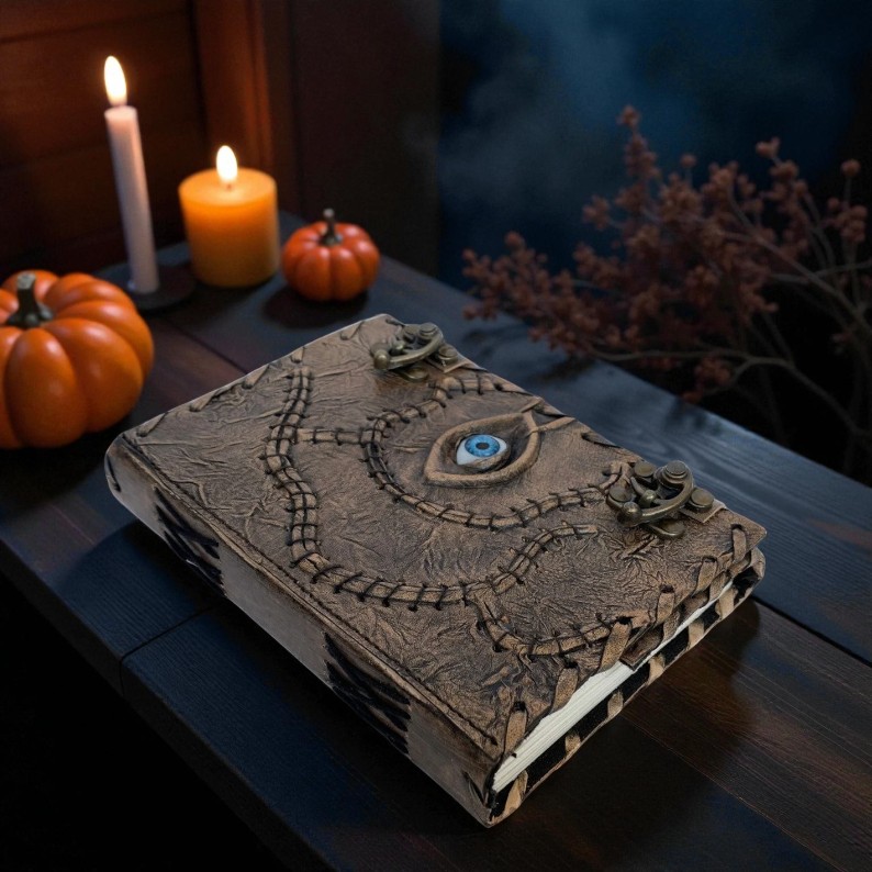 Handmade Leather Journal with 3D Eye Design – Vintage Fantasy Notebook, 200 Deckle-Edge Pages, Spell Book Style Diary