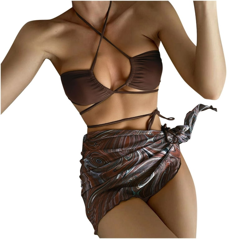 Cethrio Womens Bikini Swimsuits- Sexy High Breast Contrast Printing Split  Set 3 Piece Sets Swimwear Brown 