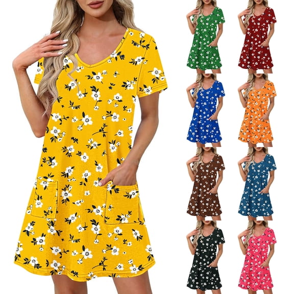 Maxi Dresses for Women Plus Size Dresses Plus Size Sundresses Women's Fashion Summer Print Short-sleeved V-neck Casual Dress Black S