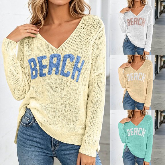 Womens Summer Outfits Beach Cover Up Letter Print Long Sleeve Sweater Sweatshirts V Neck Split Hem Crochet Jumper Top Lightweight Knit Pullover White