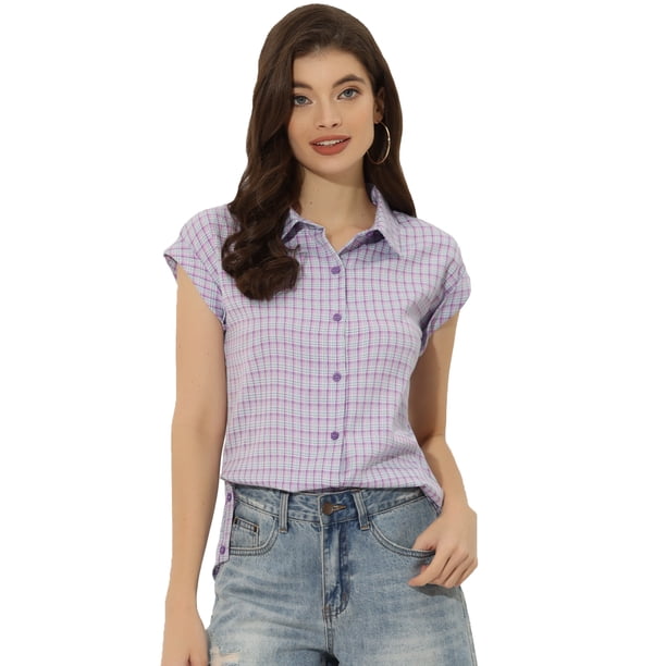 Camisa a cuadros Allegra K con cuello Abotonado y puños Enrollados Lila ...