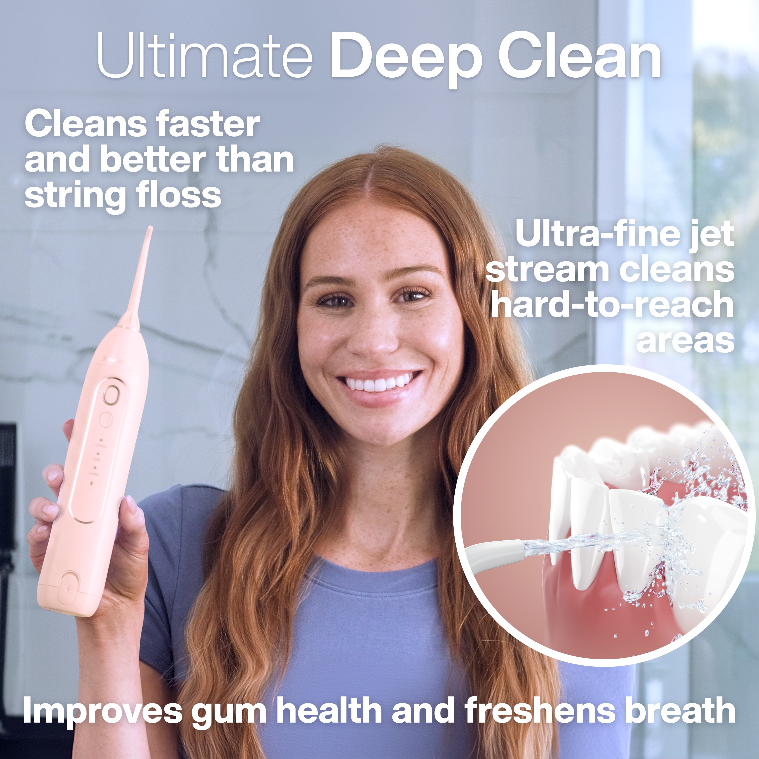 AquaSonic Icon Electric Water Flosser - 150ml Tank, Cordless Rechargeable, Waterproof, Portable Oral Irrigator - Light Pink