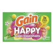Gain Dryer Sheets, Happy, Hibiscus Hula Scent, 60 Mega Dryer Sheets
