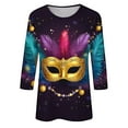 thumbnail image 5 of TrendVibe365 Mardi Gras 3/4 Sleeve Tops for Women with Crew Neck Plus Size Polyester Casual Mask Printed Mardi Gras Celebrations Blouse Tops for Mardi Gras Event Purple L, 5 of 5