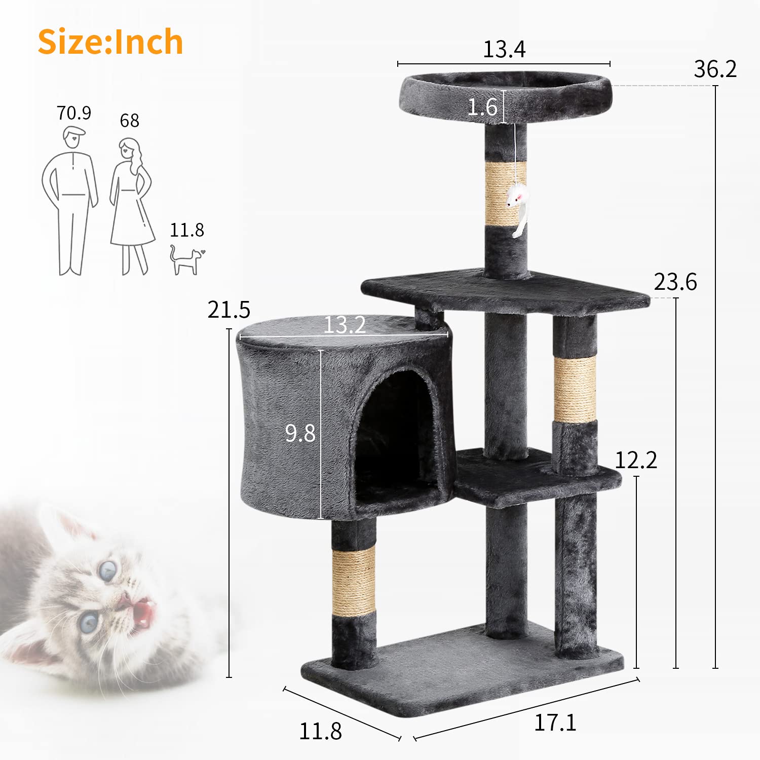XF XINFENG Cat Tree 36 inch Tall Scratching Toy Activity Centre Cat Tower Cat Condo Multi-Level Furniture Scratching Posts for Indoor Cats, Light Gray