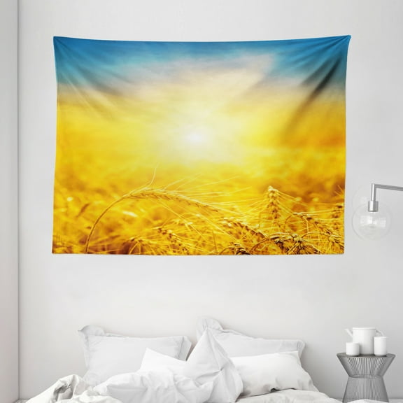 Yellow and Blue Tapestry, Sunset over Harvest Wheat Nature Rural Field Autumn Landscape, Wall Hanging for Bedroom Living Room Dorm Decor, 80W X 60L Inches, Earth Yellow Petrol Blue, by Ambesonne