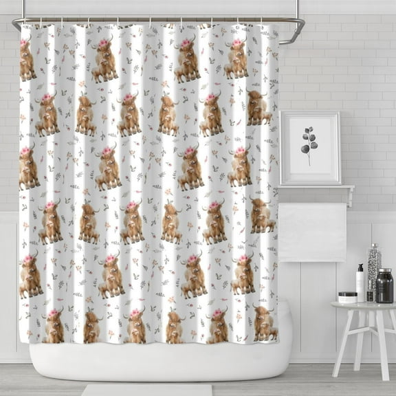 White Highland Cow Floral Pattern Shower Curtain 84"x72" ,Bathroom Decorative Shower Curtains Set with 12 Hooks,Modern Waterproof Washable Shower Curtain