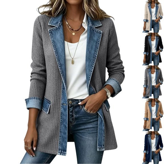 BFRGSIJ Women's Denim Patchwork Blazer Jacket Lapel Collar Button Front Long Sleeve Shacket with Pockets Casual Lightweight Outerwear XL