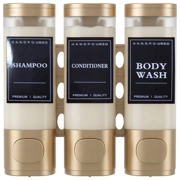 3-Chamber Shampoo and Conditioner Dispenser, 3×300ml Refillable No-Drill Wall Mounted Shower Soap Dispenser for Bathroom & Hotel, Gold