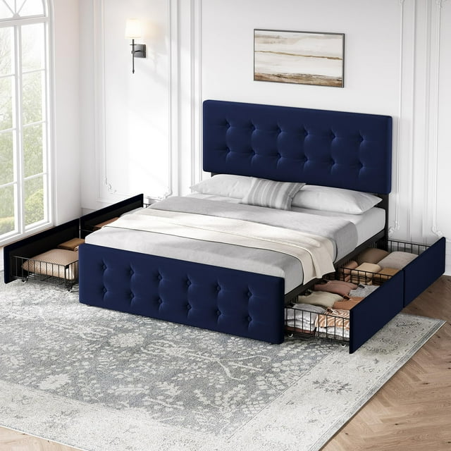 CazToi Full Size Upholstered Platform Bed Frame with Storage Drawers Diamond Tufted Headboard & Wood Slats No Box Spring Needed