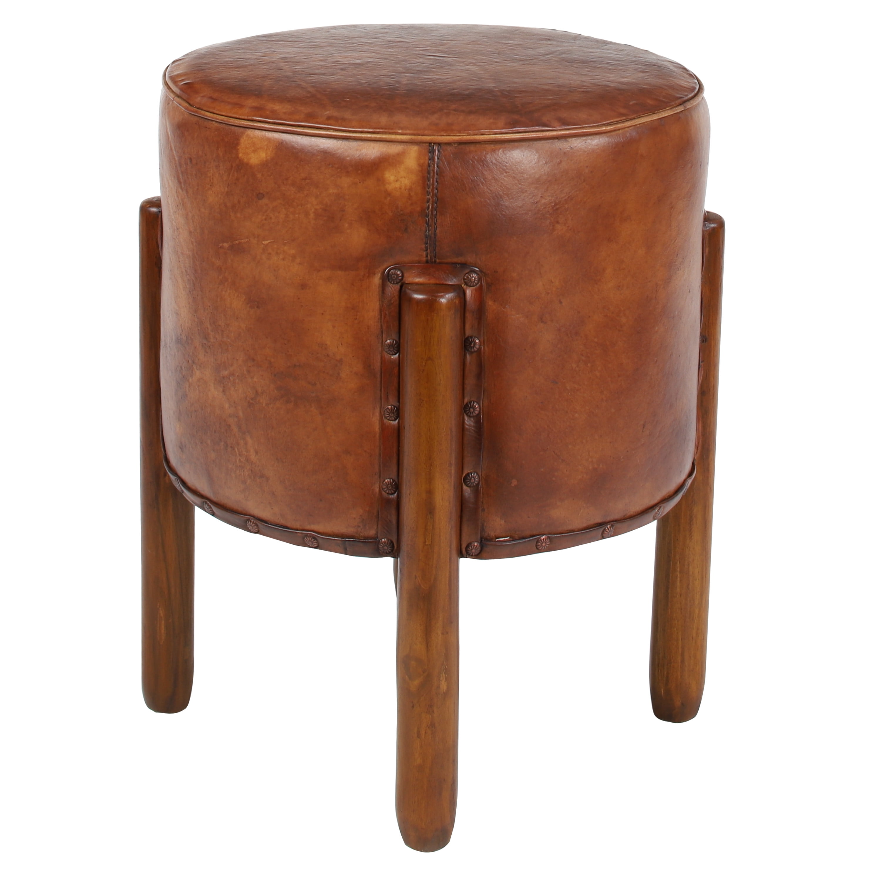 DecMode Traditional  Caramel Brown Upholstered Leather Stool, 17"W x 20"H