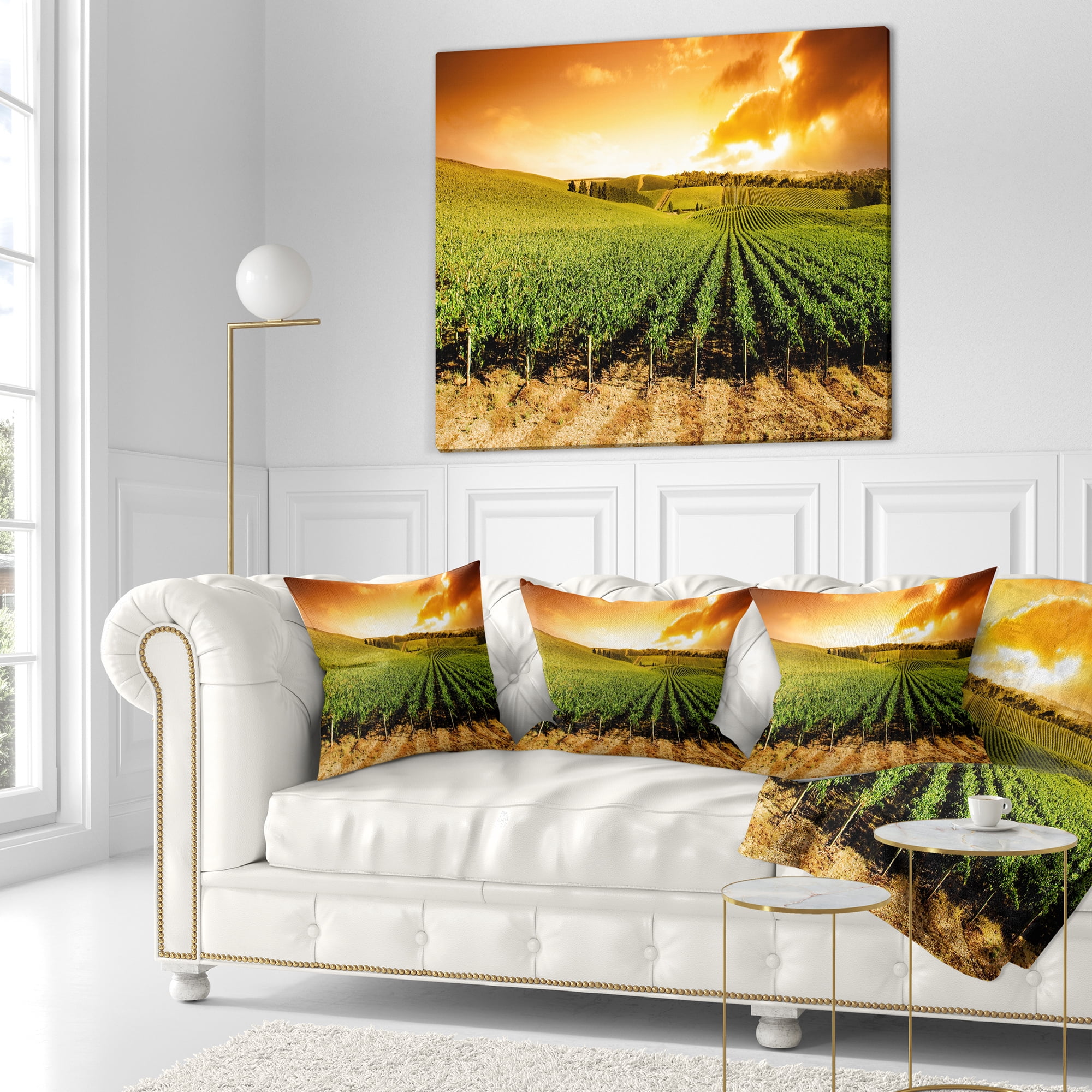 Designart Sunset Vineyard Panorama - Landscape Printed Throw Pillow - 16x16