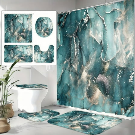 4pcs Teal Marble Pattern Shower Curtain Set, Non Slip Floor Mat, Toilet U-shaped Pad, Toilet Lid Pad, Bathroom Decor Accessories, Bath Curtain With 12 Hooks, 70.8x70.8 Inches