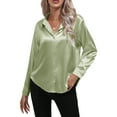 thumbnail image 3 of Lumento Ladies Blouse Button Down Shirts Lapel Tunic Tops Women Loose Shirt Satin Long Sleeve Light Green XL, 3 of 5