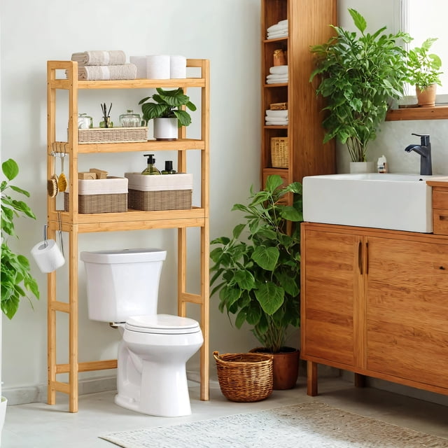 SONGMICS Mueble para Inodoro, Estante sobre Inodoro, Estantería de 3 Niveles, Estante Ajustable, Beige Natural