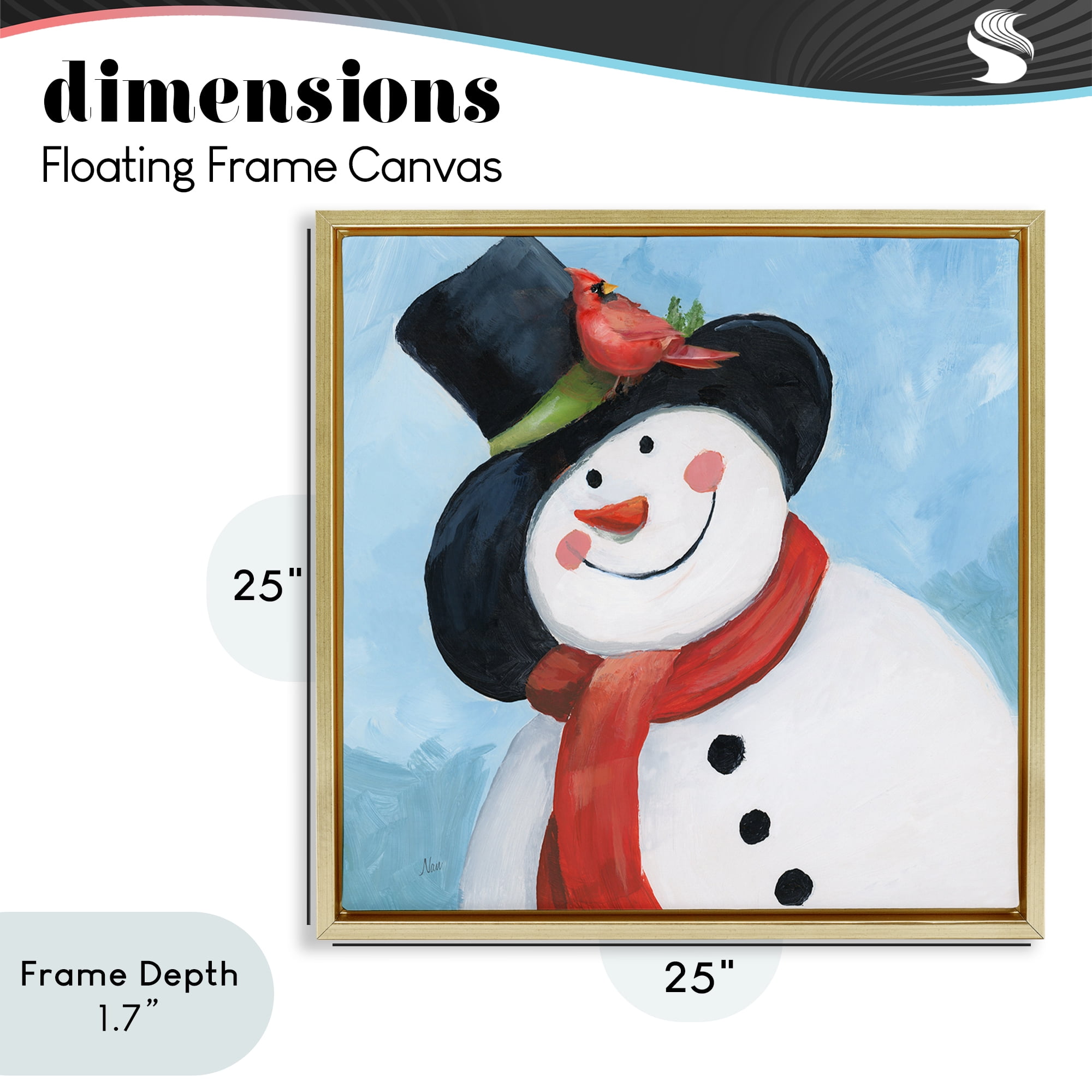 Stupell Industries Cheerful Snowman with Cardinal Gold Framed Floater Canvas Wall Art, design by Nan