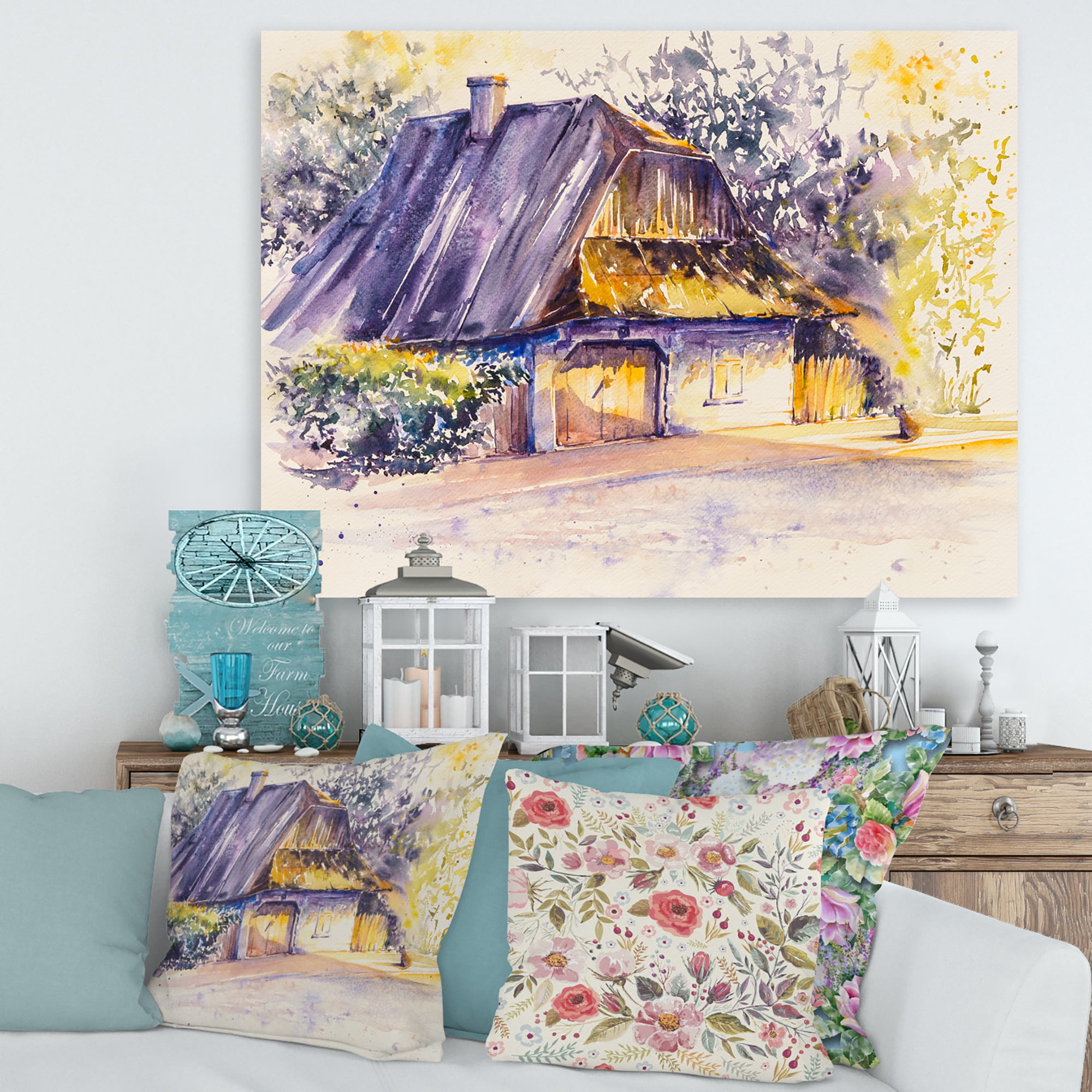 Designart ' Old Wooden White House In Country Side Village During Afternoon Glow ' Traditional Canvas Wall Art Print