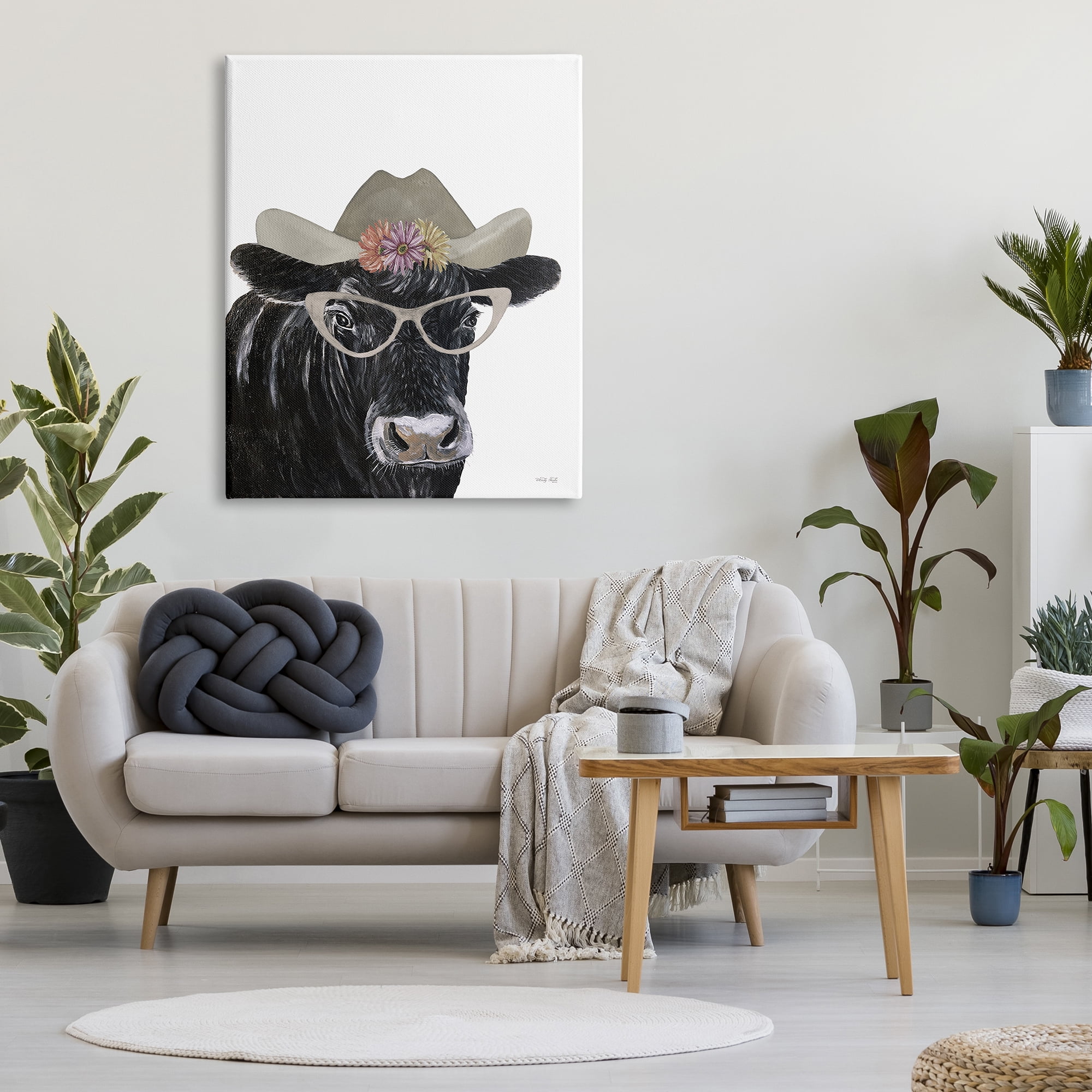 Stupell Industries Black Cow in Floral Hat Animals & Insects Painting Gallery Wrapped Canvas Print Wall Art, 36 x 48