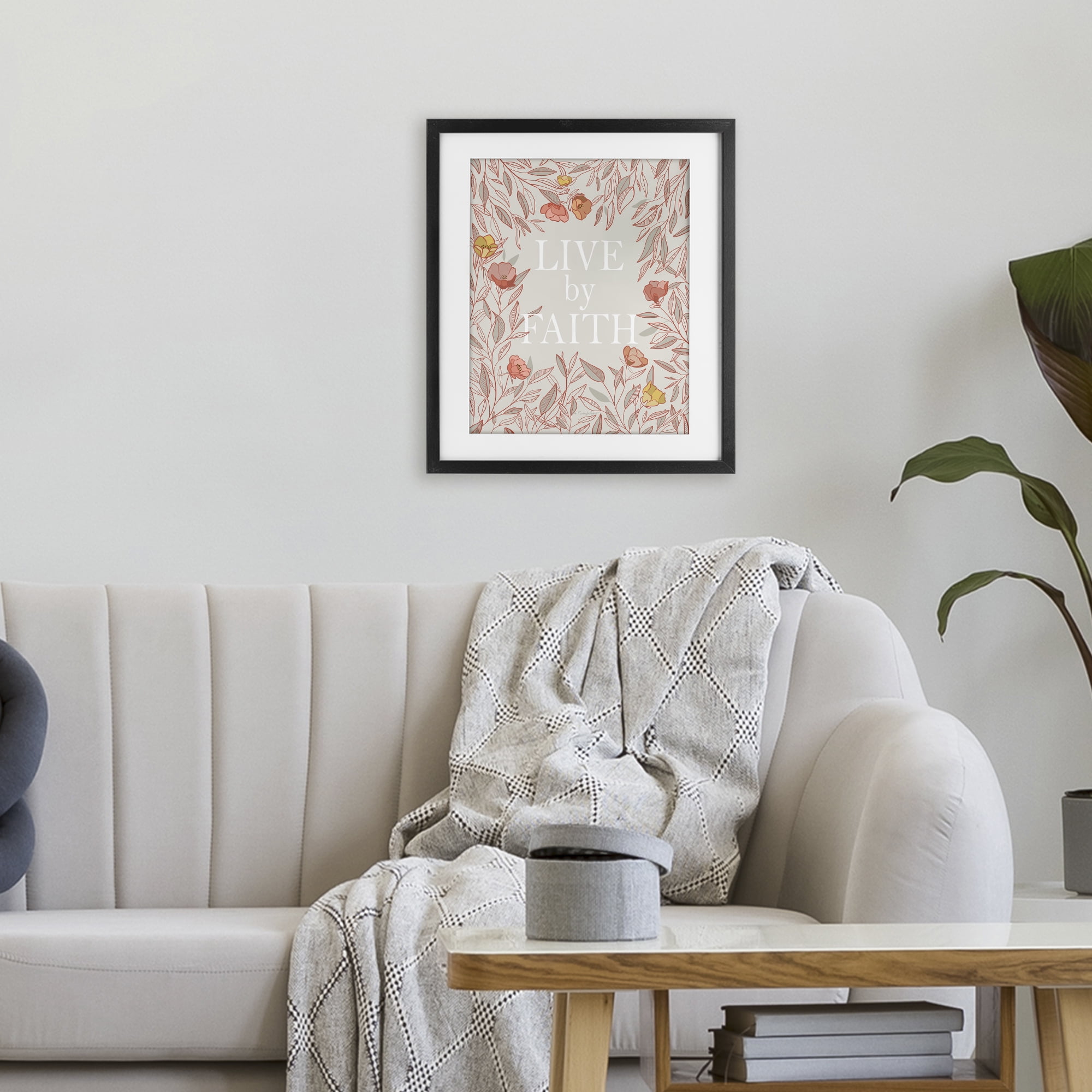 Live By Faith Rosy Florals Black Framed Print Under Glass, design by Kelley Talent