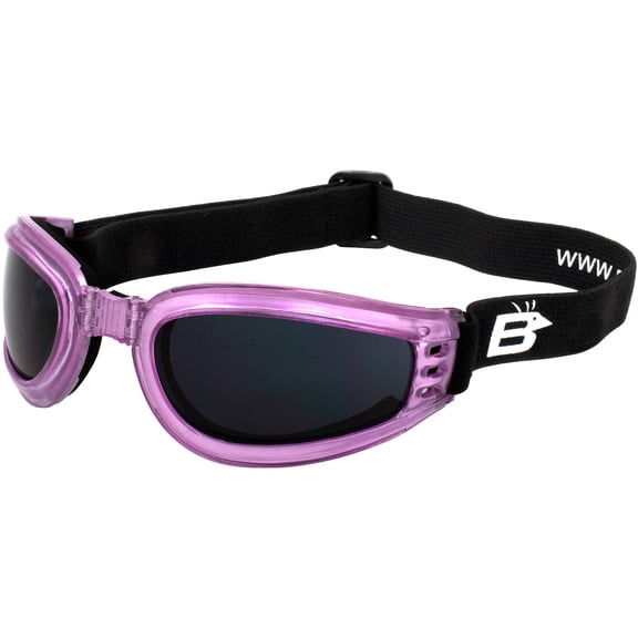 Birdz Eyewear Cardinal Padded Floating Motorcycle Goggles for Women Translucent Pink with Clear Lenses Folding Goggles (Super Dark)