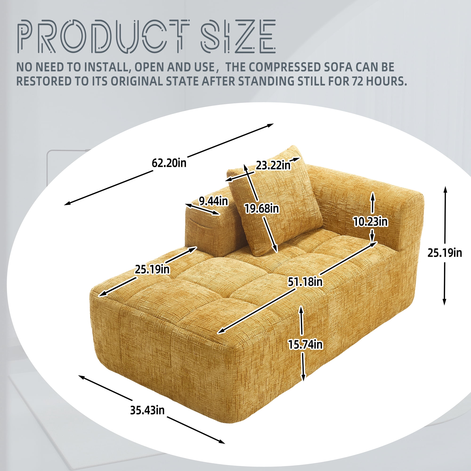 MOONMISS Chenille Upholstered Modern Deep Seat Lazy Compression Sofa with Small Side Pocket-Yellow