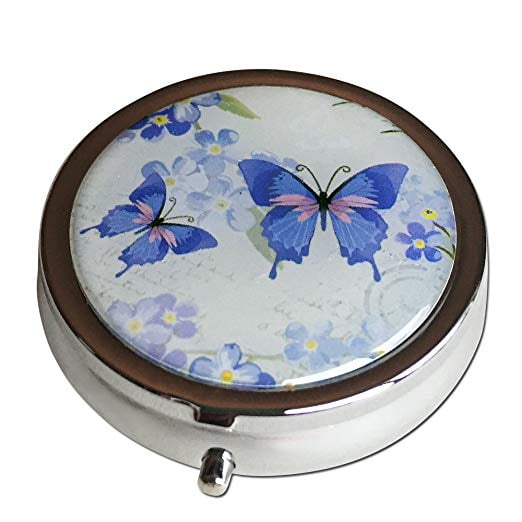 Silver with Purple Butterflies,Three Compartment, Pocket/Purse/Travel Pill Box Case