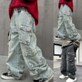 thumbnail image 2 of QINGFSAP Boys Vintage Cargo Jeans Multi Pocket Straight Leg Loose Denim Pants 4-15T, 2 of 9