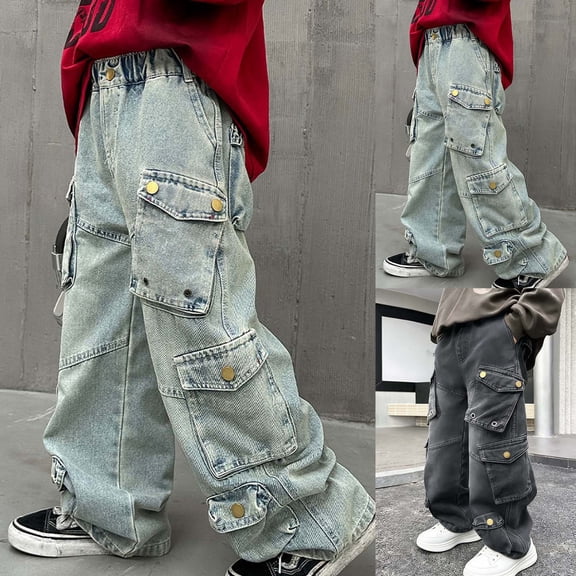 Boys Baggy Jeans Elasticated Waist Cotton Kids Cargo Wide Leg Jeans with Multipockets Skater Y2k Unisex Streetwear Denim Trousers for 5-13 Years Black 8-9Years