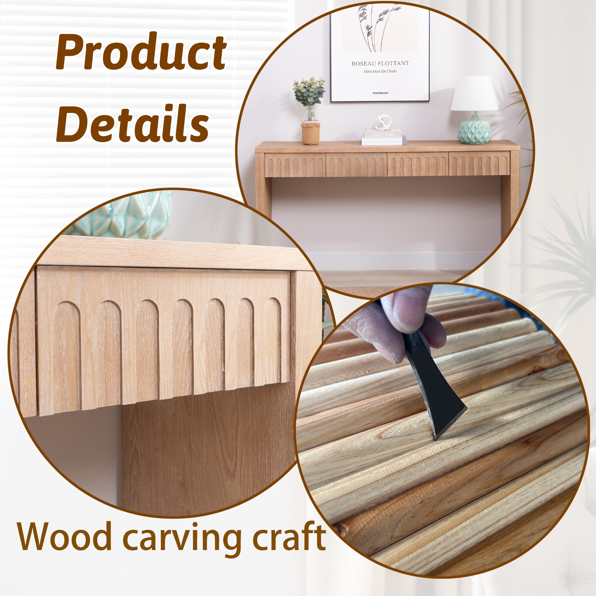 MDQMD 59.2'' Console Table with 4 Drawers for Living Room,Carved Console Table with Storage,Wooden Couch Table Behind Sofa,Natural Wood
