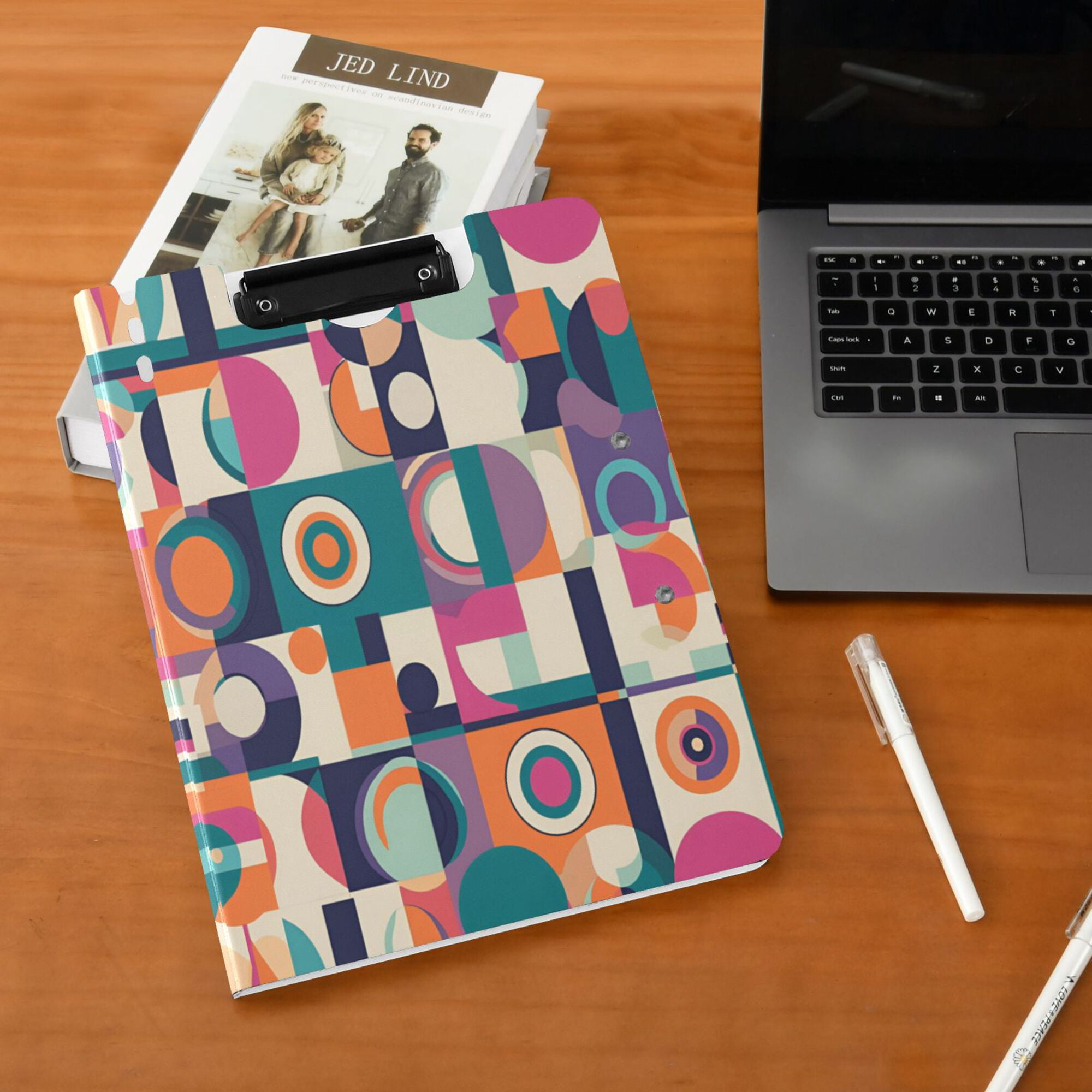 FORMRS A4 Clipboard Folder with Pen Holder Horizontal Foldable School Office Binder, Orange Geometric