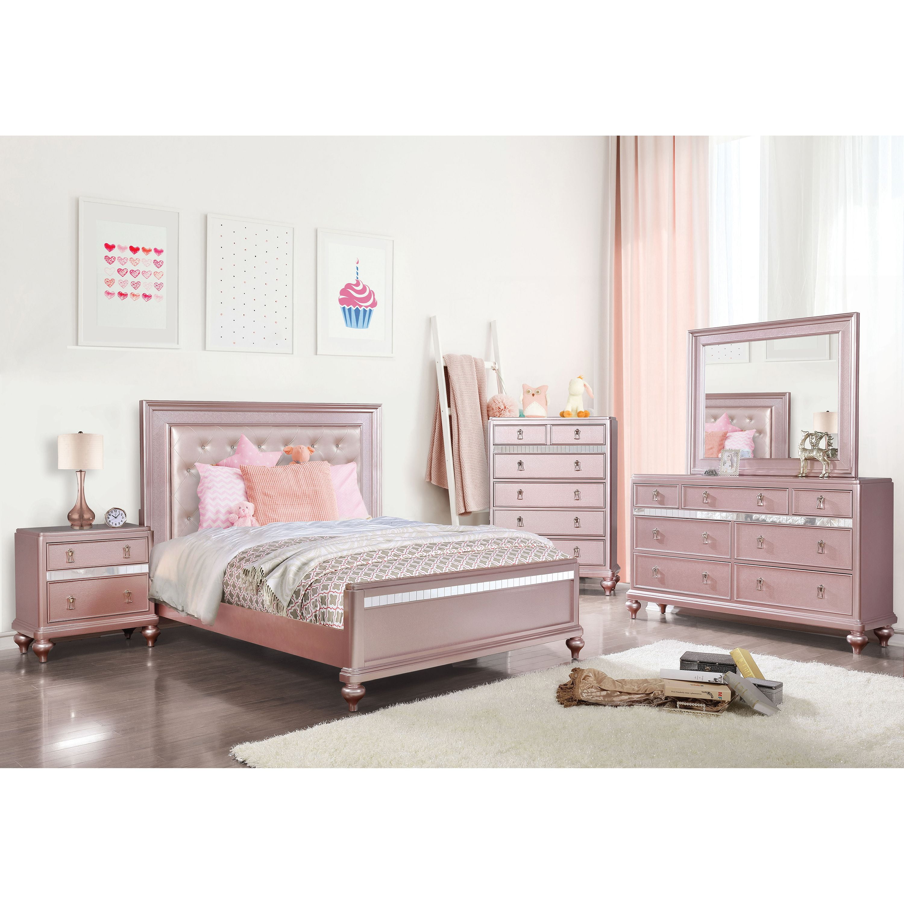 Furniture of America Starnom Nightstand with 2-Drawer, Rose Gold