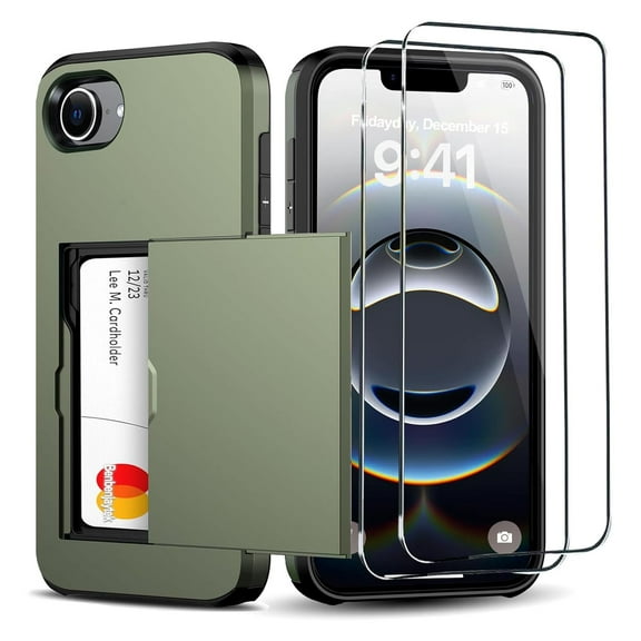 Dteck for iPhone 16e Wallet Case with Card Holder 2 Tempered Glass Screen Protector Protective Shockproof Hidden Card Slot Slim Case Women Men for iPhone 16e 6.1", Armygreen