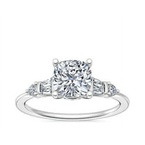 1.00 Ct Brilliant Cushion Cut Genuine Diamond Sparkle Solitaire with Accents Engagement Ring for Women Solid 14K White Gold Size 6.5