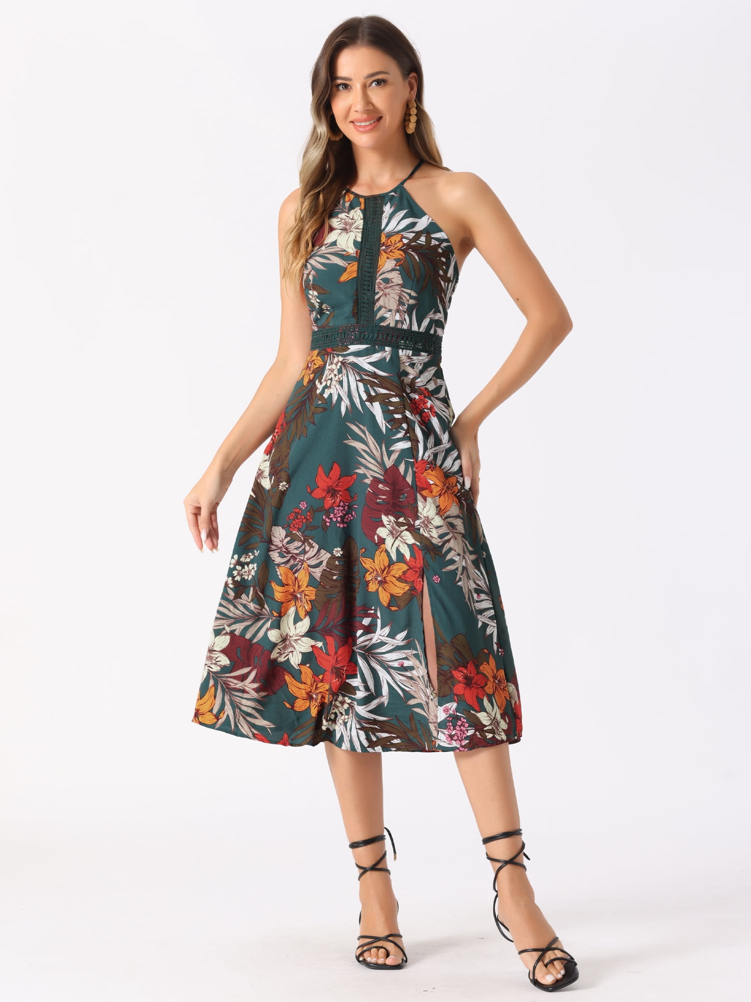 DARING DIVA Women's Boho Floral Split Sleeveless Halter Neck Dresses S Green