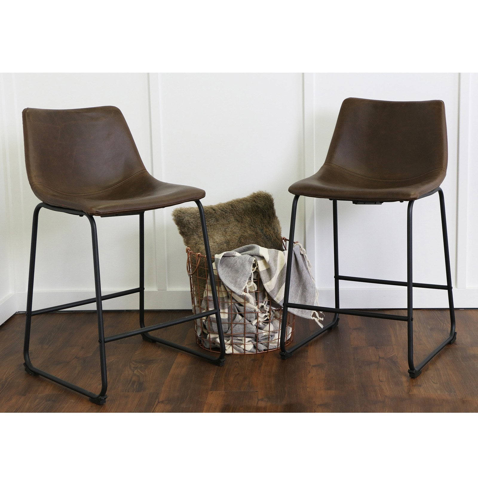 Walker Edison Bar Stool Brown Set Of, Faux Leather Stool