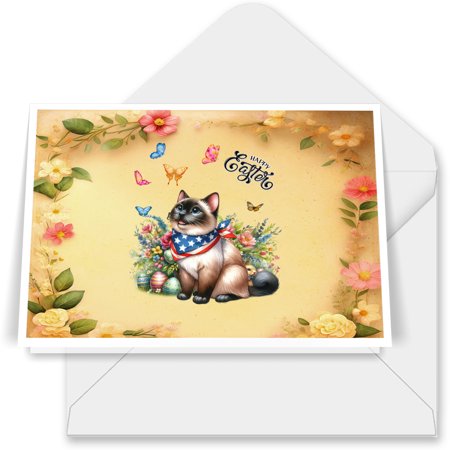 Siamese Celebrates Spring and Enjoys a Happy Easter 7x5in Folded Greeting Card Cat Lover Kitten Owner Gifts Single Note Card with Envelope - 02001