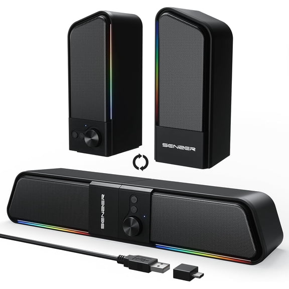 SENZER CS20 2 in 1 Bluetooth Computer Speakers for Desktop, USB Plug & Play Clear Sound PC Speakers with RGB Light, Monitor Sound Bar with Volume Knob, Gaming Speaker for PC Laptop Phone Tablet