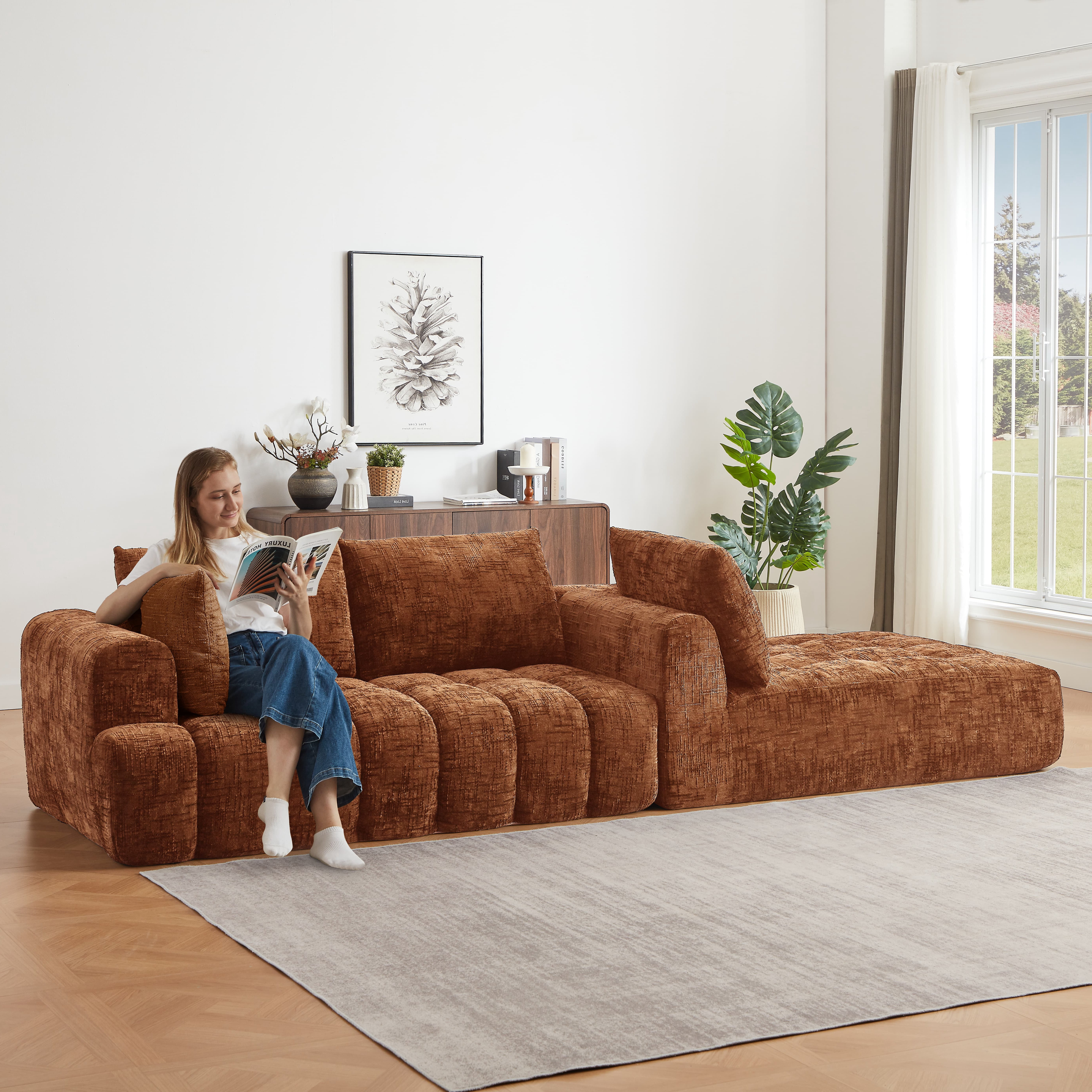 MAYEERTY 108.3" Orange Chenille L-Shaped Modular Sectional Sofa, Pocket Spring No Assembly Couch for Living Room Apartment