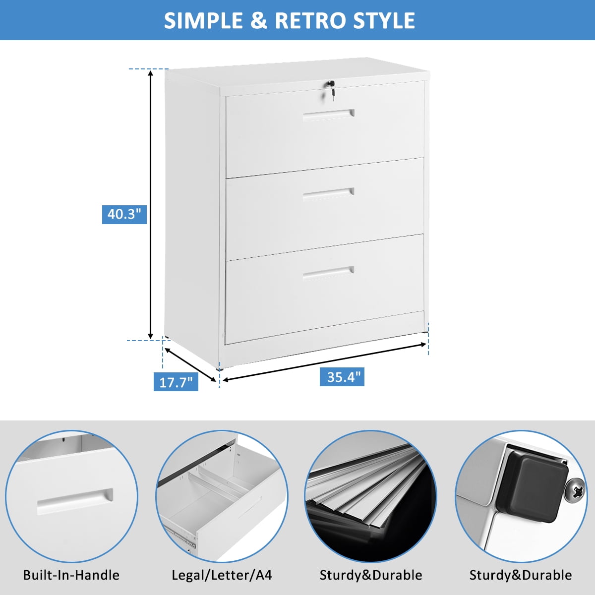 Lateral File Cabinet 3 Drawers with Lock Heavy Duty Metal File Cabinets with Drawers Not Assembled Black 35.4L /×17.7W /×40.3H Black