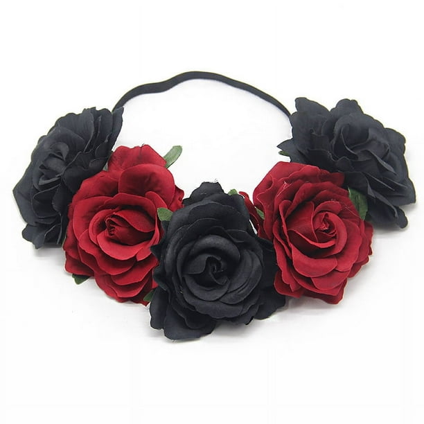 Nvzi Corona de flores de rosas para bodas, diadema para el cabello, tocado para bodas (negro y rojo)