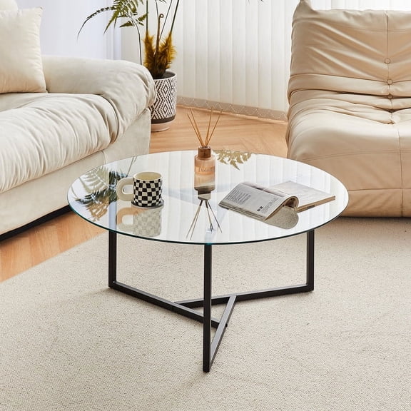 CLIPOP Round Tempered Glass Coffee Table, with Metal Frame, for Living Room, 35.4"x15.7"