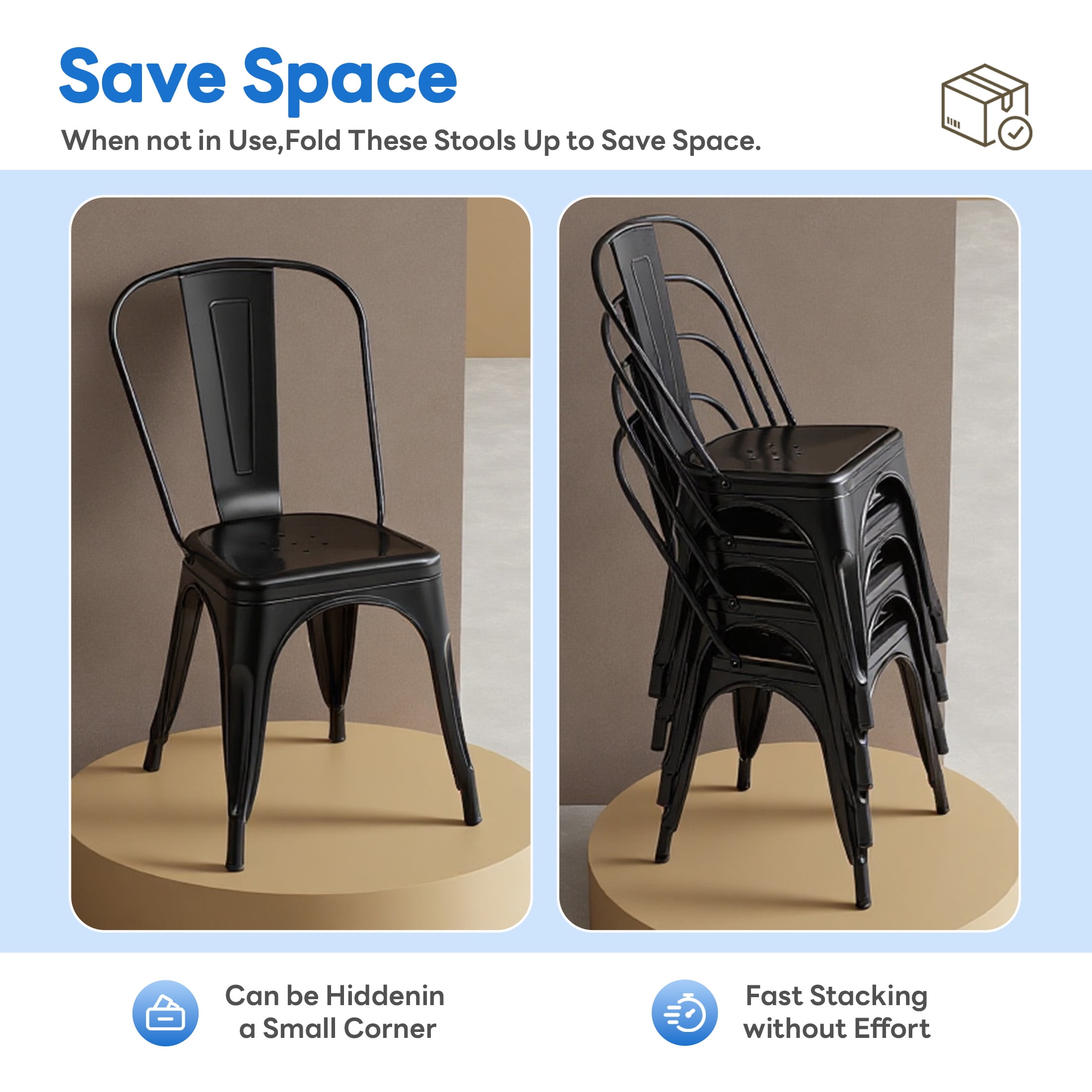 edx Metal Dining Chairs Set of 4, 18" Stackable Indoor Industrial Vintage Chairs, Black