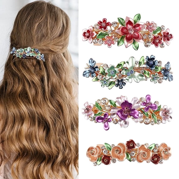 4 Pieces Large Vintage Flower Hair Barrettes for Women Spring Flora Rhinestone Hair Clips for Thick Thin Hair Decorative Hair Clip Colorful Retro Rhinestone Hair Clip Metal French Hair Clip